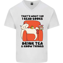 I Drink Tea and Know Things Funny Cat Mens V-Neck Cotton T-Shirt White