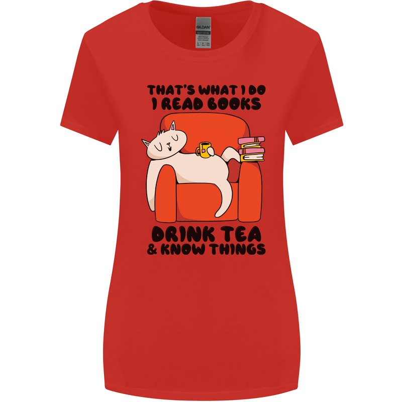 I Drink Tea and Know Things Funny Cat Womens Wider Cut T-Shirt Red