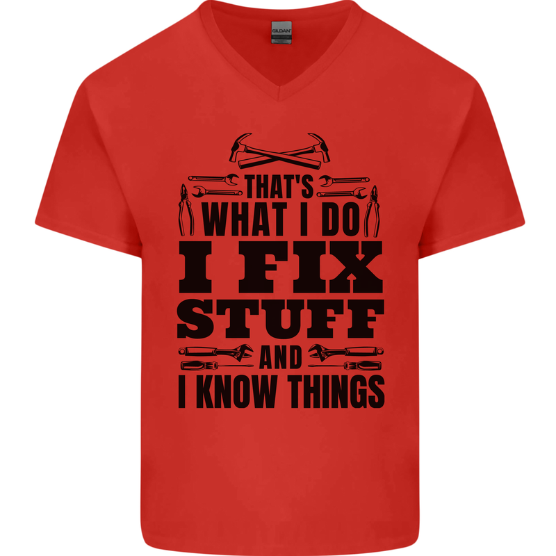 I Fix Stuff Funny Electrician Sparky DIY Mens V-Neck Cotton T-Shirt Red