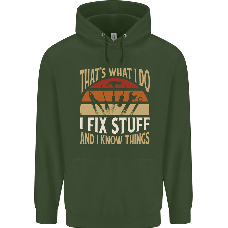 I Fix Stuff Funny Electrician Sparky Mechanic Childrens Kids Hoodie Forest Green