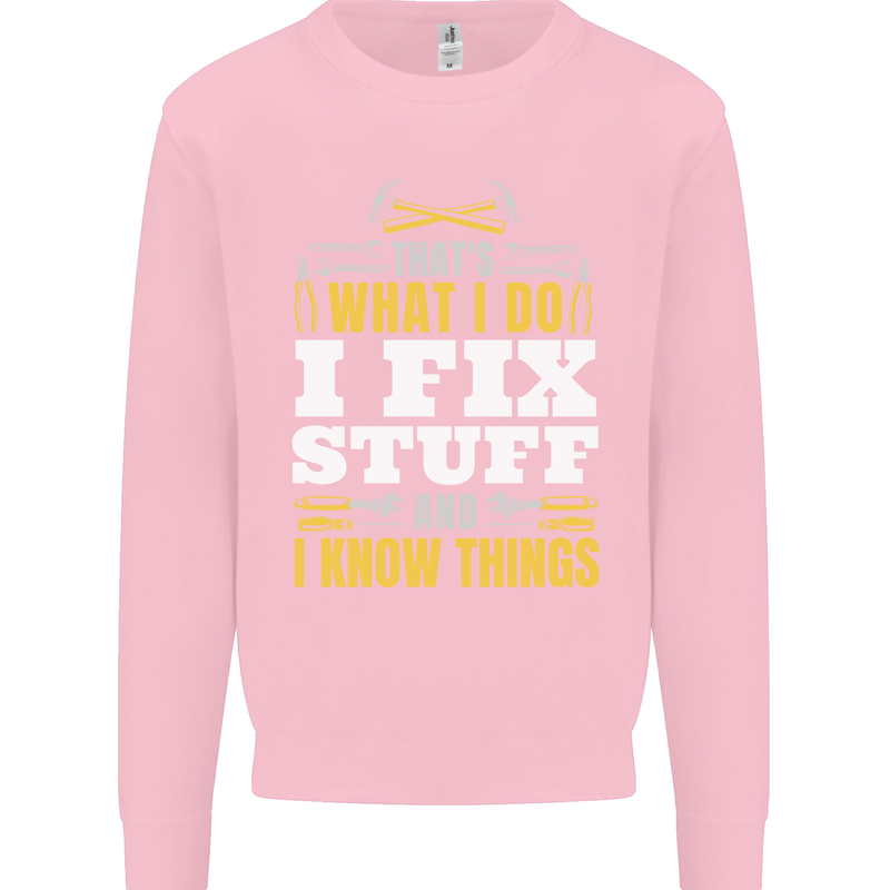 I Fix Stuff Funny Electrician Sparky Mechanic Kids Sweatshirt Jumper Light Pink