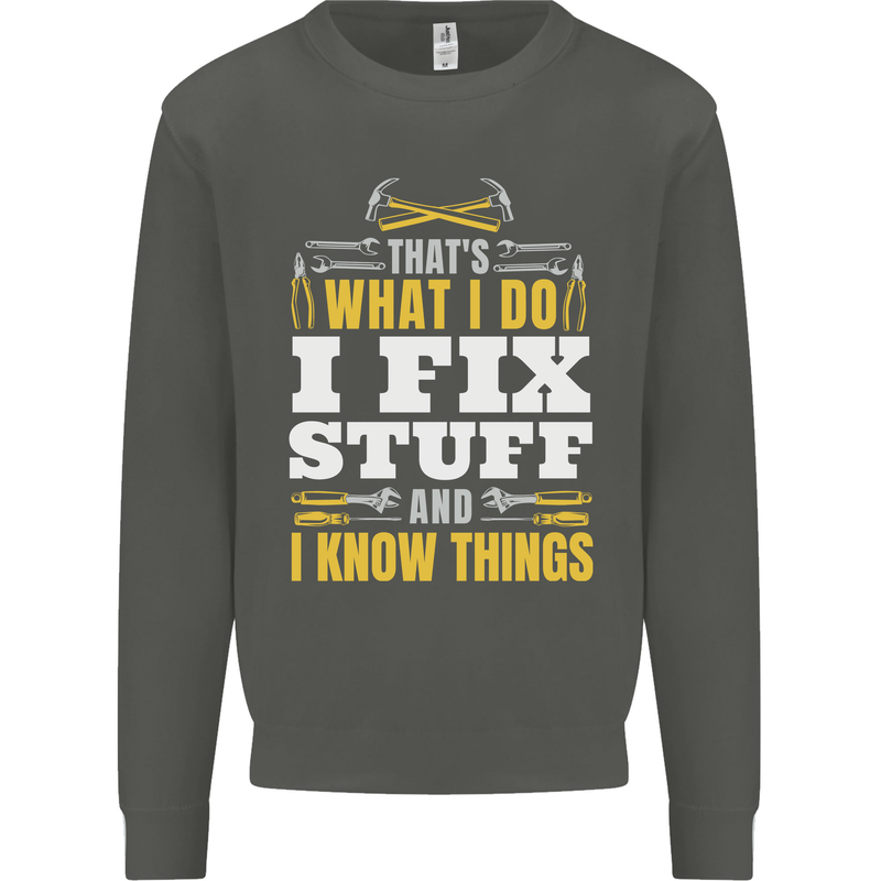 I Fix Stuff Funny Electrician Sparky Mechanic Kids Sweatshirt Jumper Storm Grey