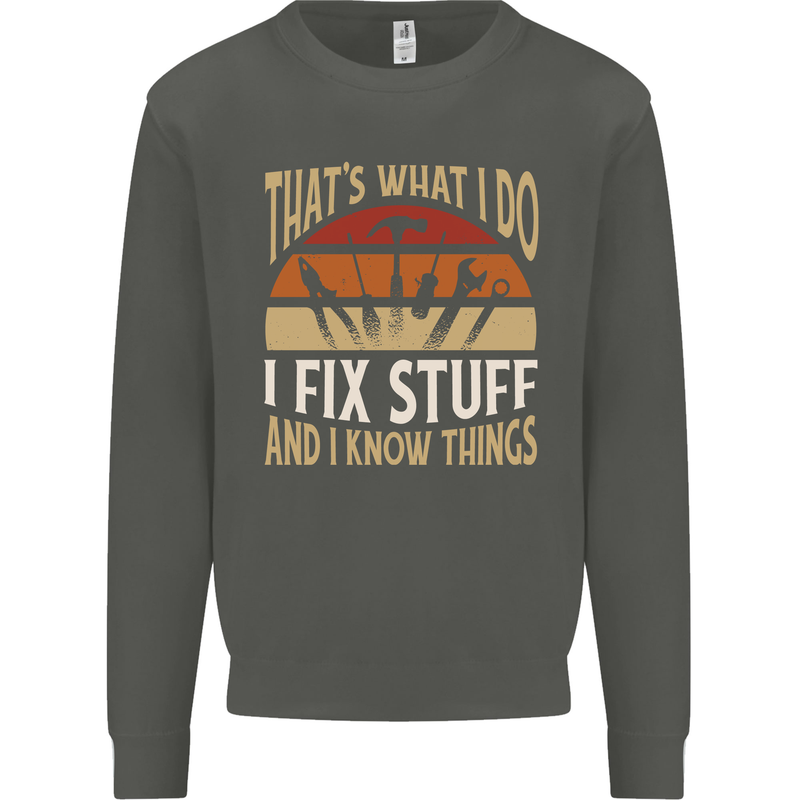 I Fix Stuff Funny Electrician Sparky Mechanic Kids Sweatshirt Jumper Storm Grey