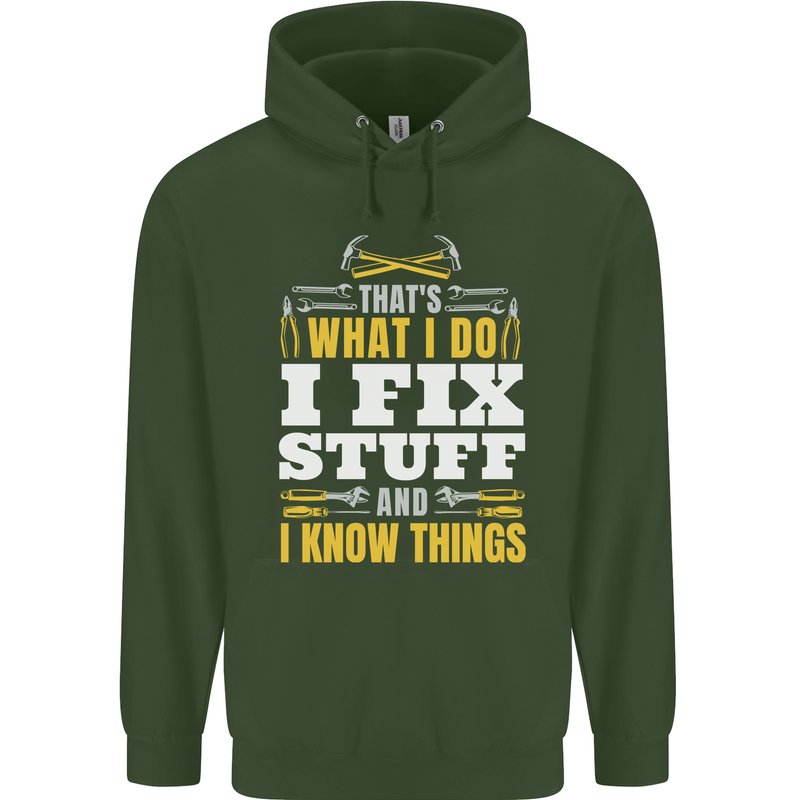 I Fix Stuff Funny Electrician Sparky Mechanic Mens 80% Cotton Hoodie Forest Green
