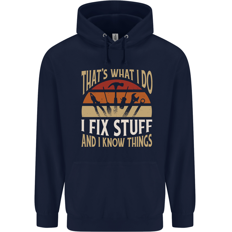 I Fix Stuff Funny Electrician Sparky Mechanic Mens 80% Cotton Hoodie Navy Blue