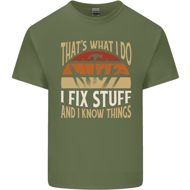 I Fix Stuff Funny Electrician Sparky Mechanic Mens Cotton T-Shirt Tee Top Military Green