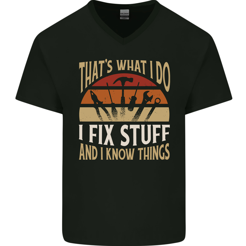 I Fix Stuff Funny Electrician Sparky Mechanic Mens V-Neck Cotton T-Shirt Black