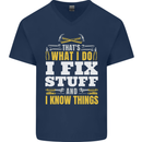 I Fix Stuff Funny Electrician Sparky Mechanic Mens V-Neck Cotton T-Shirt Navy Blue