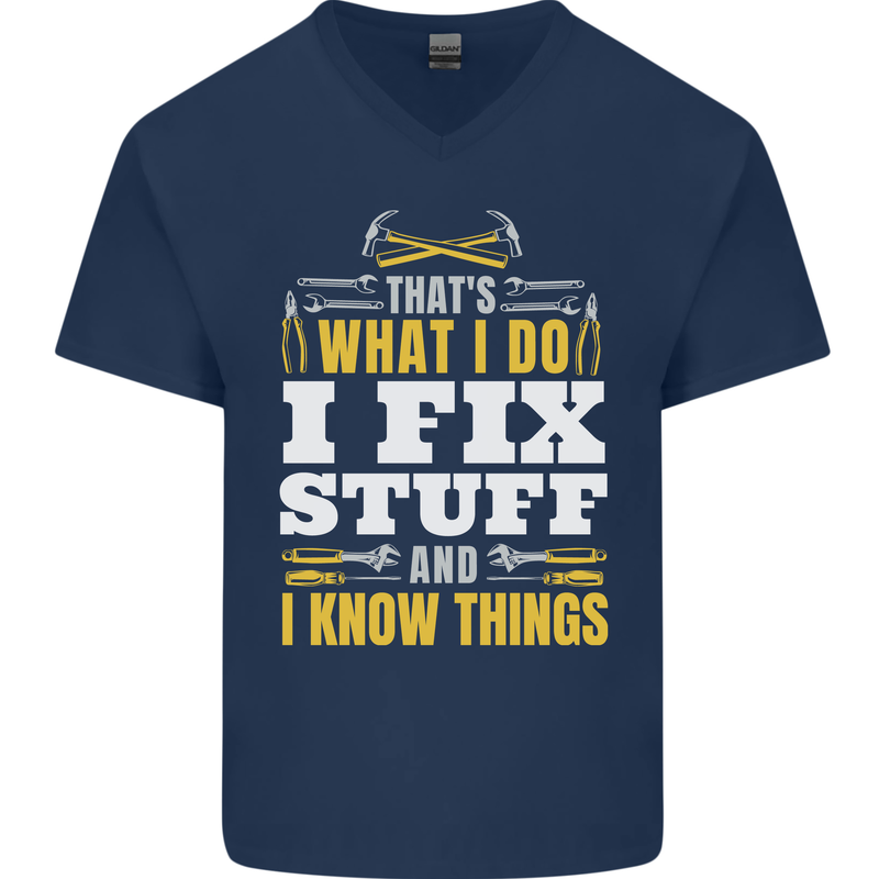 I Fix Stuff Funny Electrician Sparky Mechanic Mens V-Neck Cotton T-Shirt Navy Blue