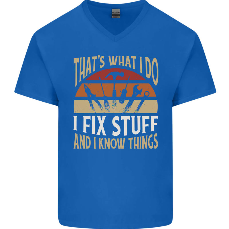 I Fix Stuff Funny Electrician Sparky Mechanic Mens V-Neck Cotton T-Shirt Royal Blue