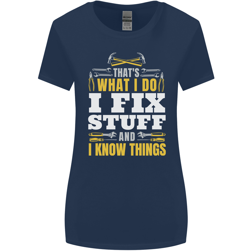 I Fix Stuff Funny Electrician Sparky Mechanic Womens Wider Cut T-Shirt Navy Blue