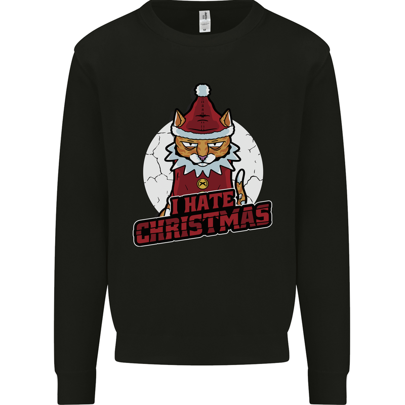 I Hate Christmas Funny Bah Humbug Cat Xmas Kids Sweatshirt Jumper Black