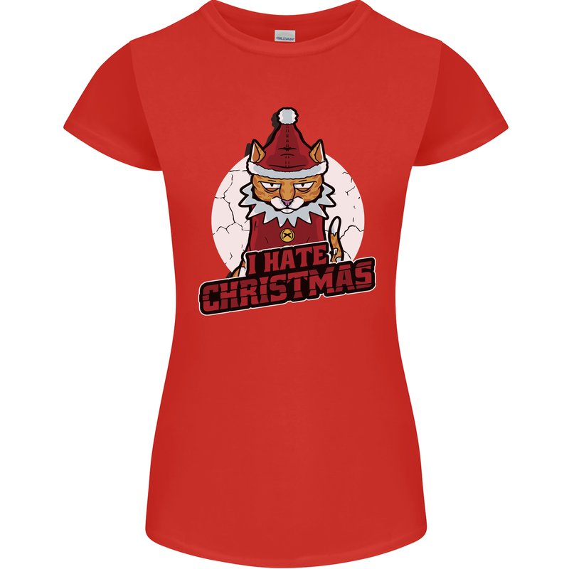 I Hate Christmas Funny Bah Humbug Cat Xmas Womens Petite Cut T-Shirt Red