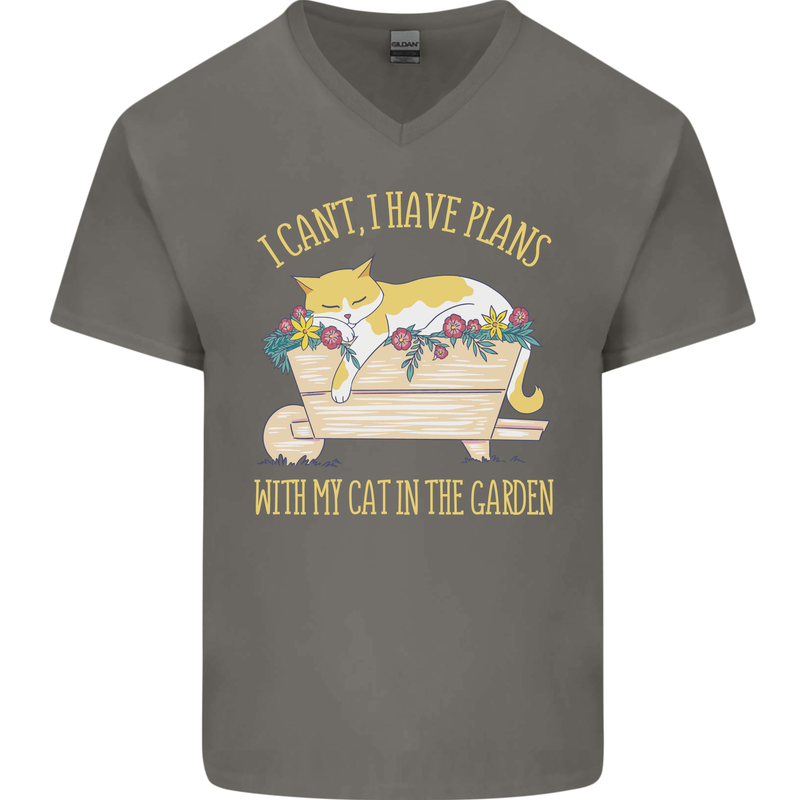 I Have Plans With My Cat in the Garden Gardening Mens V-Neck Cotton T-Shirt Charcoal