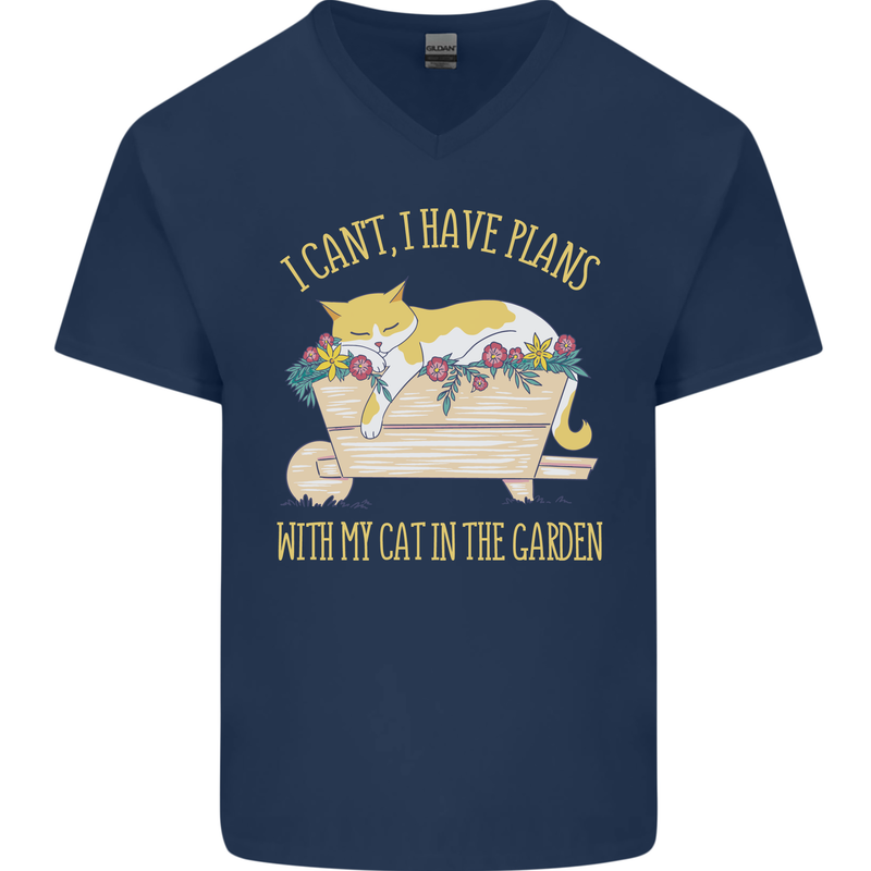 I Have Plans With My Cat in the Garden Gardening Mens V-Neck Cotton T-Shirt Navy Blue