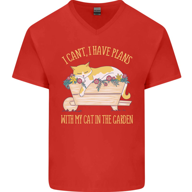 I Have Plans With My Cat in the Garden Gardening Mens V-Neck Cotton T-Shirt Red