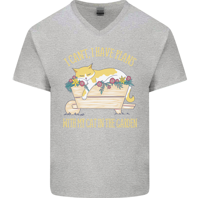 I Have Plans With My Cat in the Garden Gardening Mens V-Neck Cotton T-Shirt Sports Grey