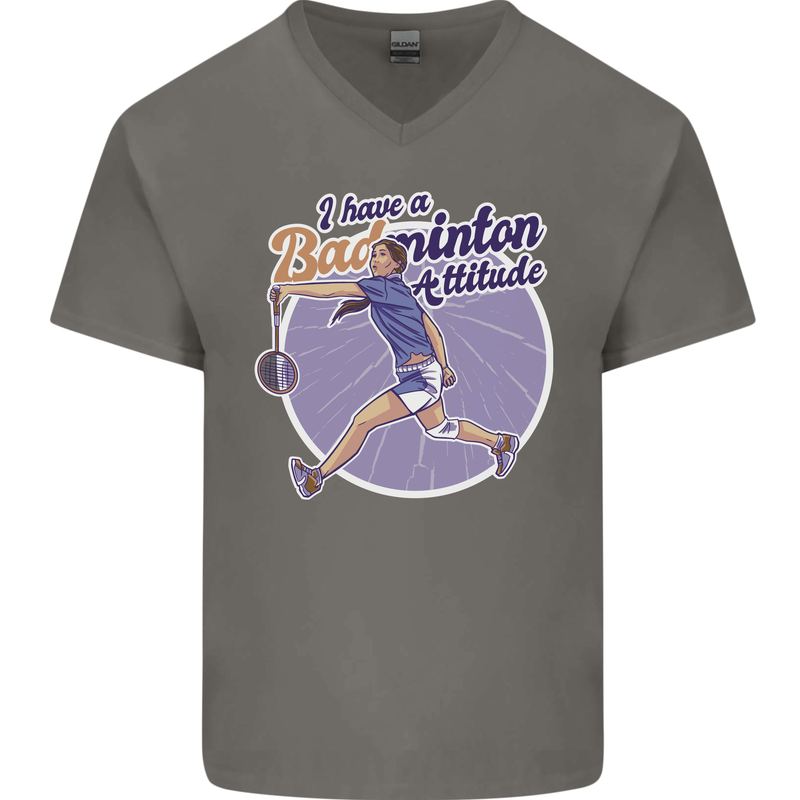 I Have a Badminton Attitude Funny Mens V-Neck Cotton T-Shirt Charcoal