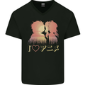 I Heart Anime Love Mens V-Neck Cotton T-Shirt Black