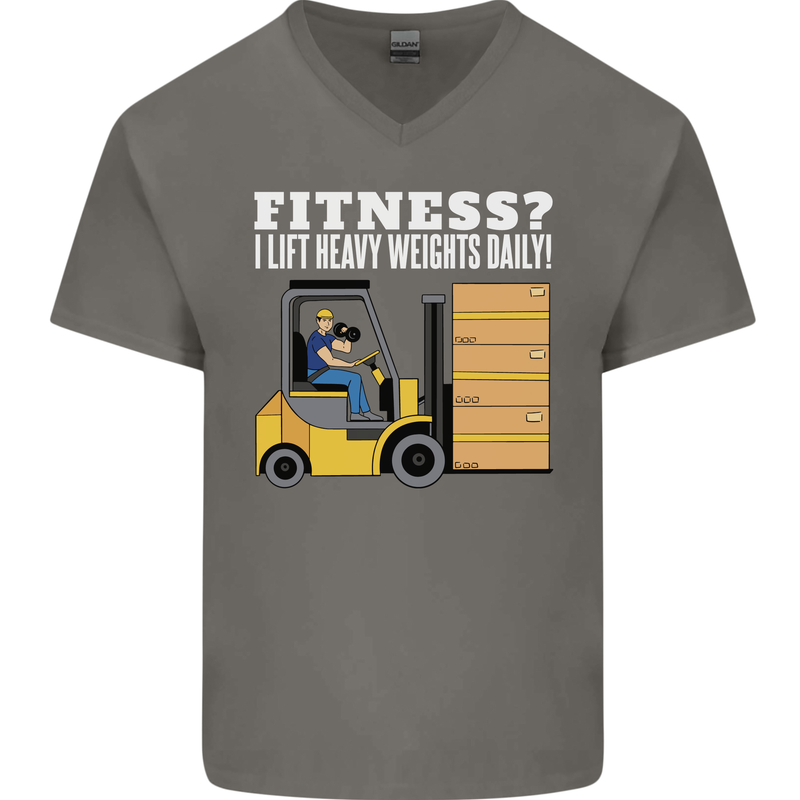 I Lift Heavy Weights All Day Funny Forklift Driver Mens V-Neck Cotton T-Shirt Charcoal