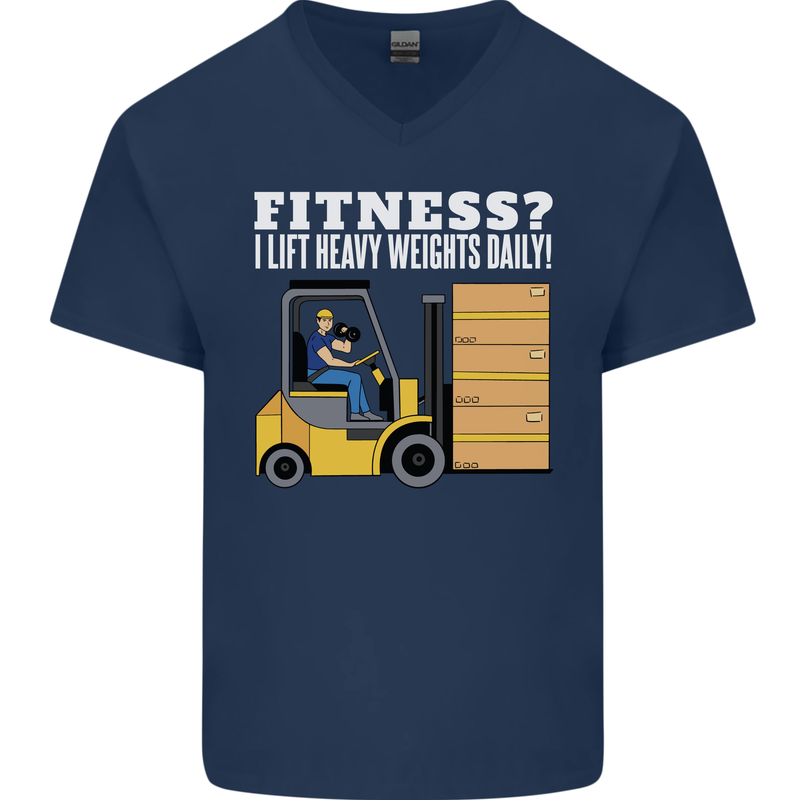 I Lift Heavy Weights All Day Funny Forklift Driver Mens V-Neck Cotton T-Shirt Navy Blue