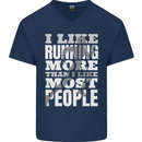 I Like Running Cross Country Marathon Runner Mens V-Neck Cotton T-Shirt Navy Blue