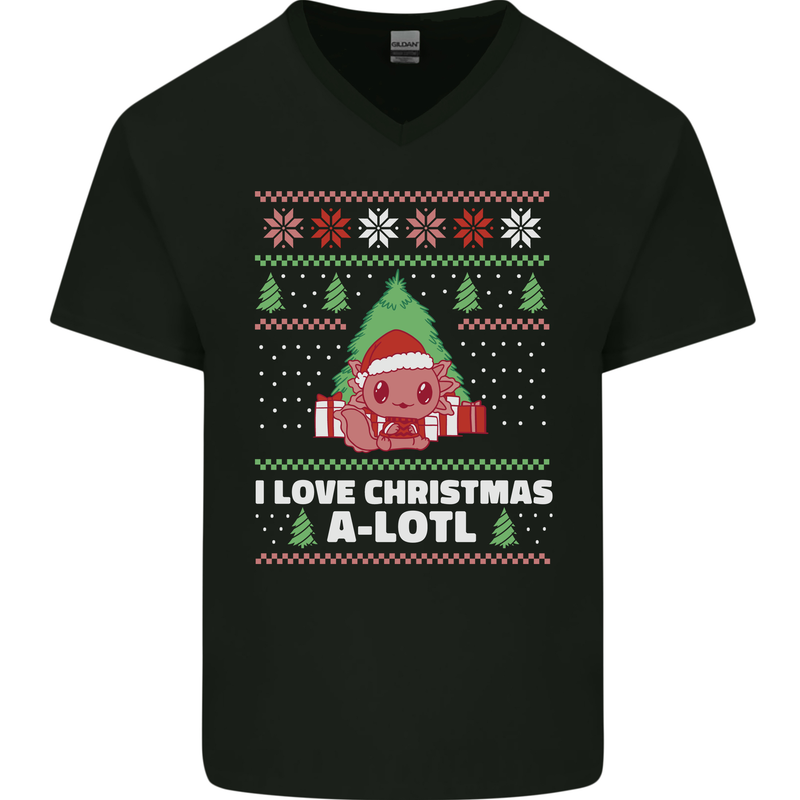 I Love Christmas A-Lotl Funny Axolotl Xmas Mens V-Neck Cotton T-Shirt Black