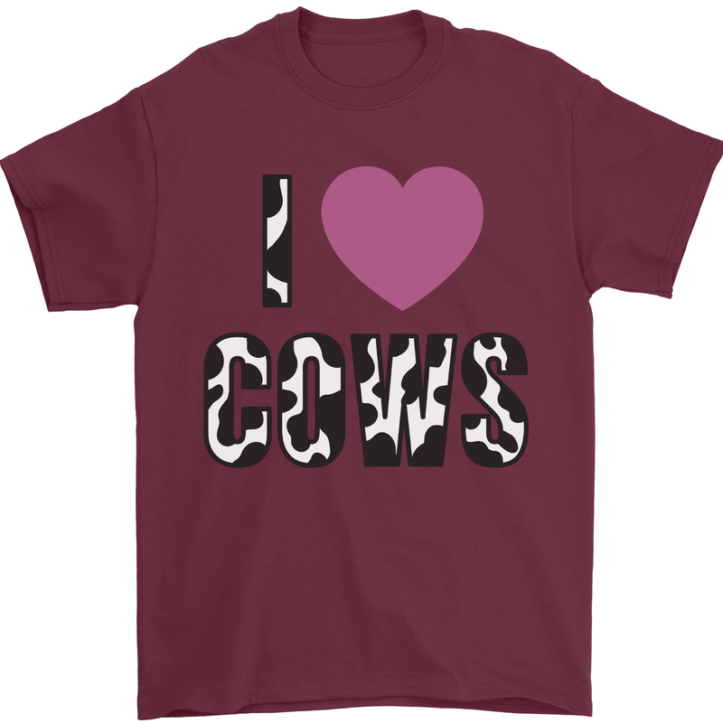 I Love Cows Mens T-Shirt 100% Cotton Maroon