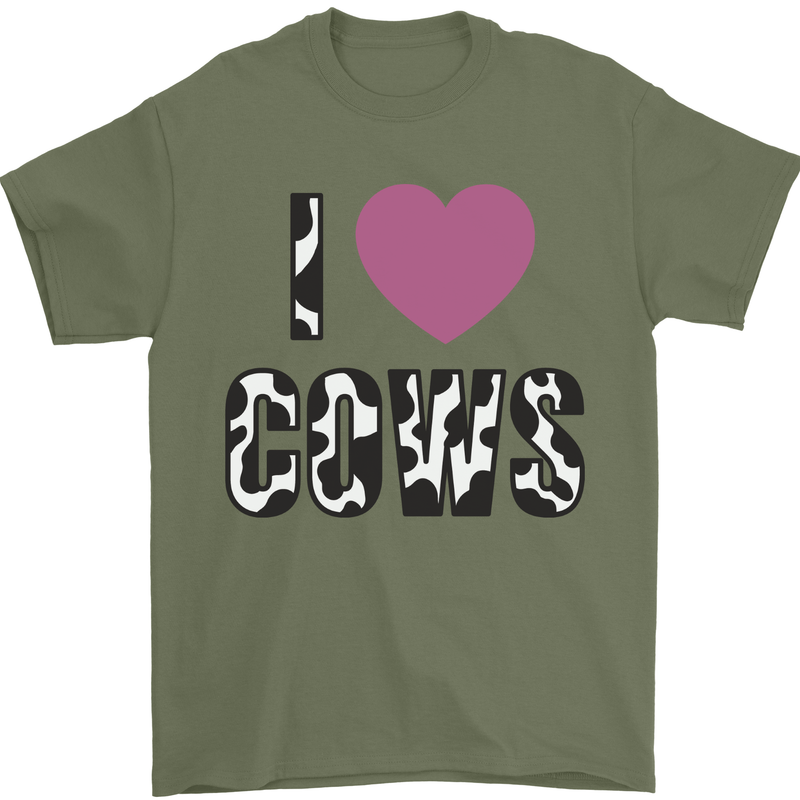 I Love Cows Mens T-Shirt 100% Cotton Military Green