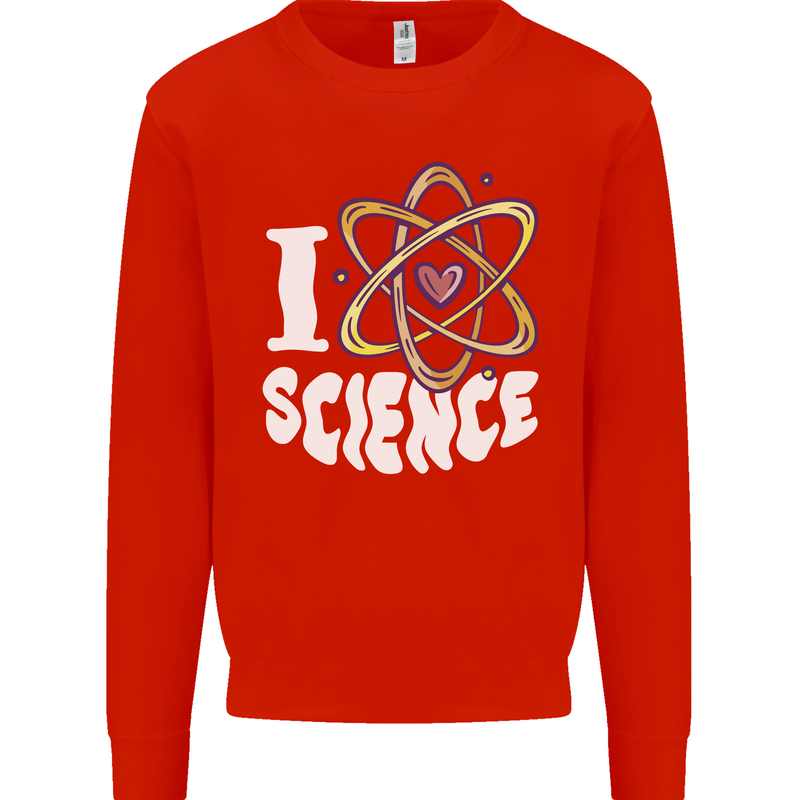 I Love Science Physics Chemistry Biology Nerd Mens Sweatshirt Jumper Bright Red