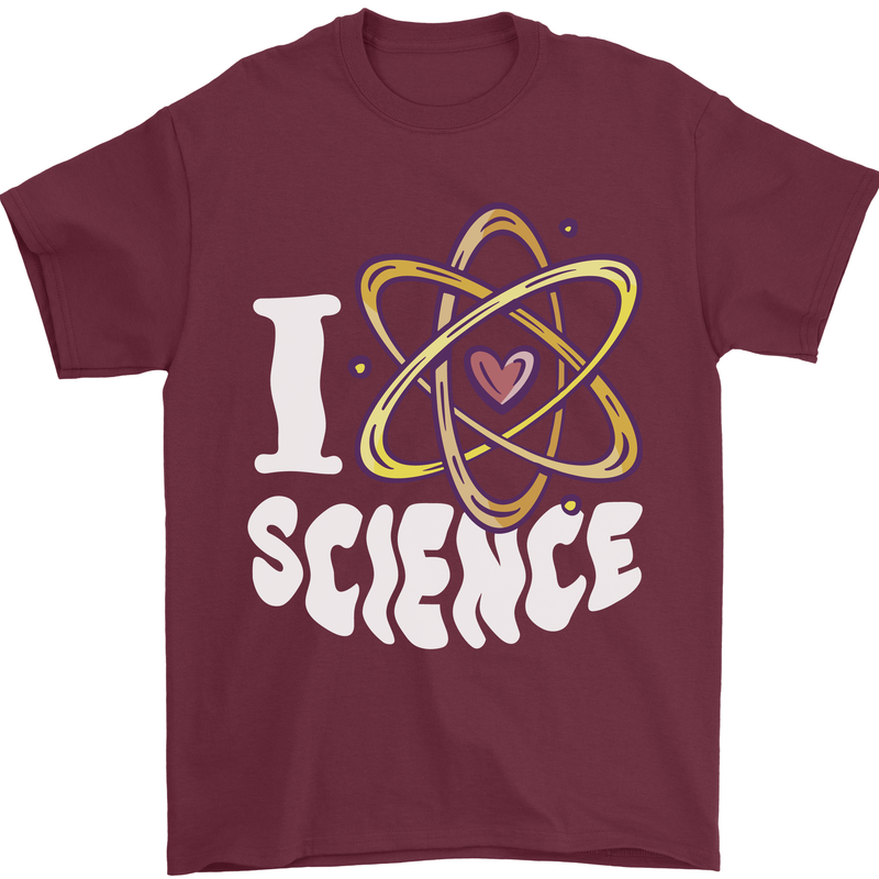 I Love Science Physics Chemistry Biology Nerd Mens T-Shirt 100% Cotton Maroon