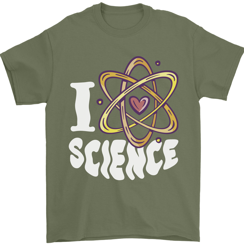 I Love Science Physics Chemistry Biology Nerd Mens T-Shirt 100% Cotton Military Green