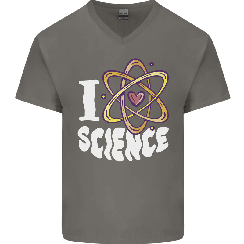 I Love Science Physics Chemistry Biology Nerd Mens V-Neck Cotton T-Shirt Charcoal