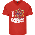 I Love Science Physics Chemistry Biology Nerd Mens V-Neck Cotton T-Shirt Red