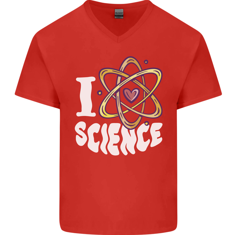 I Love Science Physics Chemistry Biology Nerd Mens V-Neck Cotton T-Shirt Red