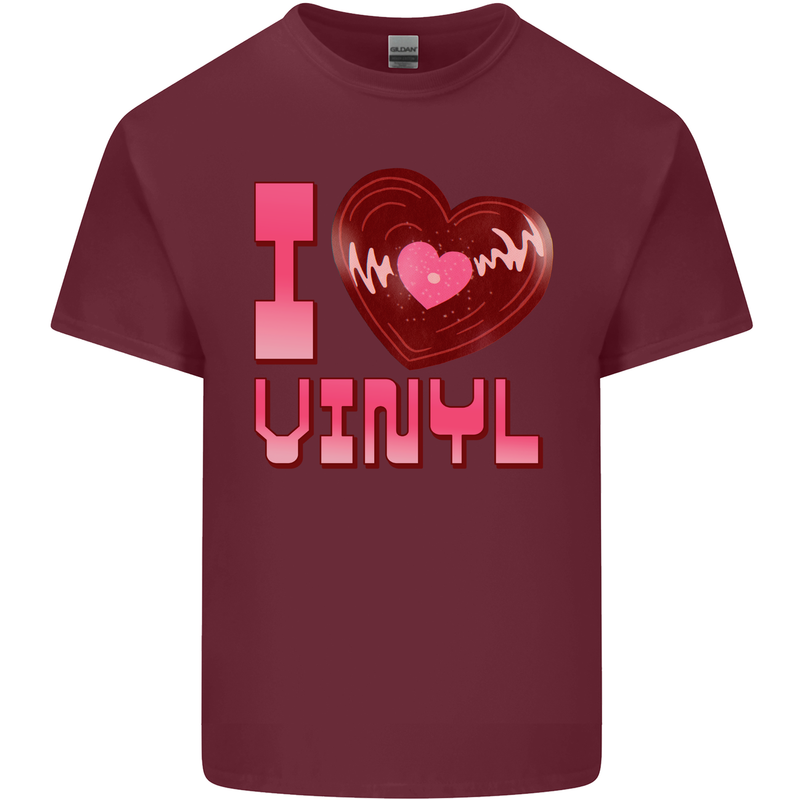 I Love Vinyl Record Player Decks Turntable Mens Cotton T-Shirt Tee Top Maroon