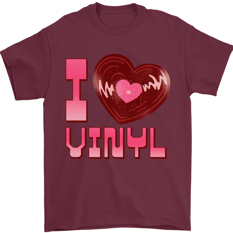 I Love Vinyl Record Player Decks Turntable Mens T-Shirt 100% Cotton Maroon