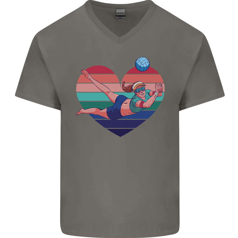I Love Volleyball Heart Mens V-Neck Cotton T-Shirt Charcoal