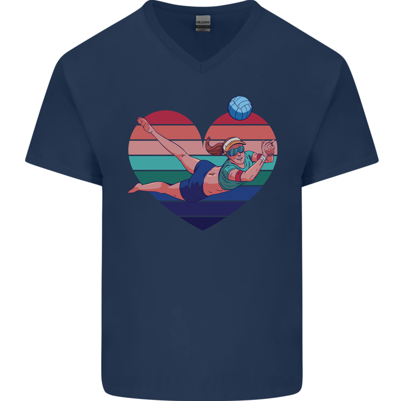 I Love Volleyball Heart Mens V-Neck Cotton T-Shirt Navy Blue