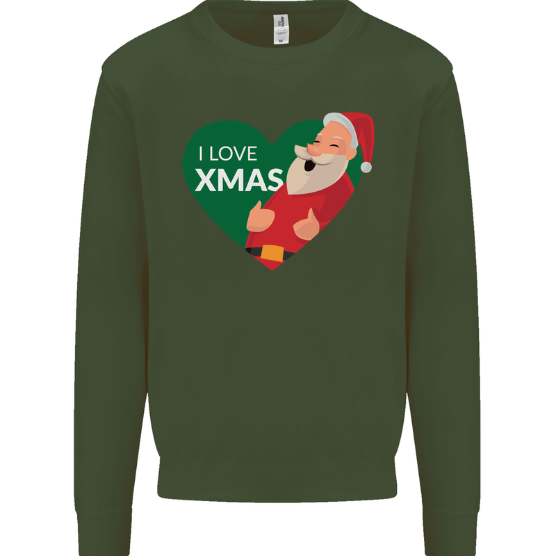 I Love Xmas Santa Claus Christmas Kids Sweatshirt Jumper Forest Green