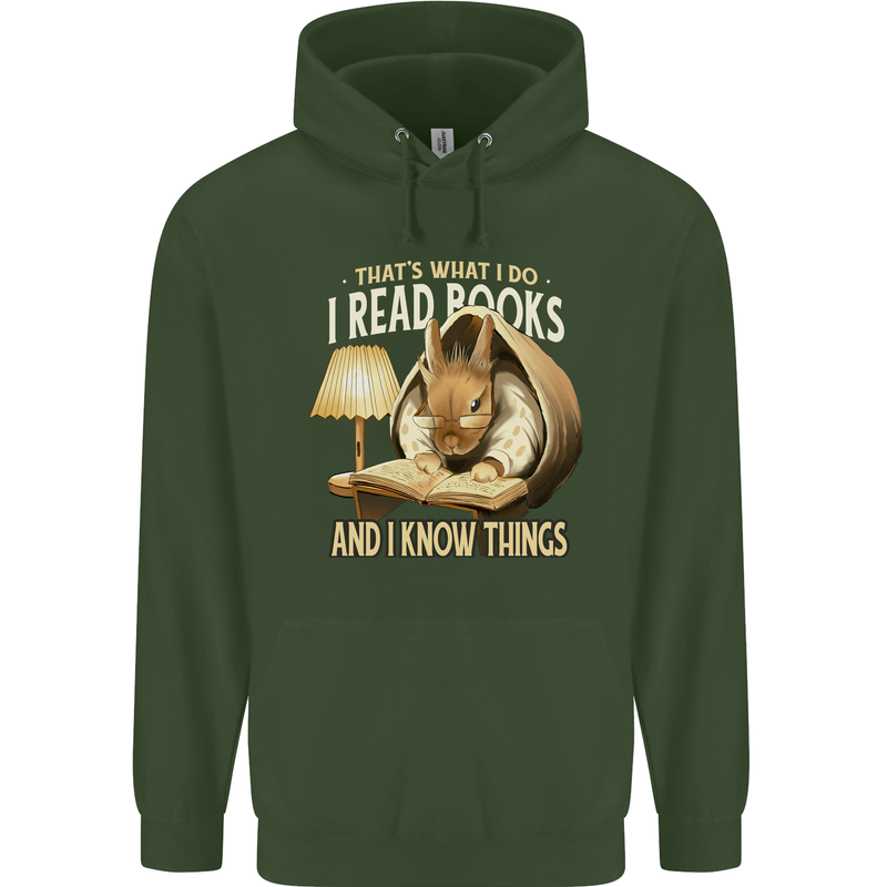 I Read Books & Know Things Bookworm Rabbit Childrens Kids Hoodie Forest Green
