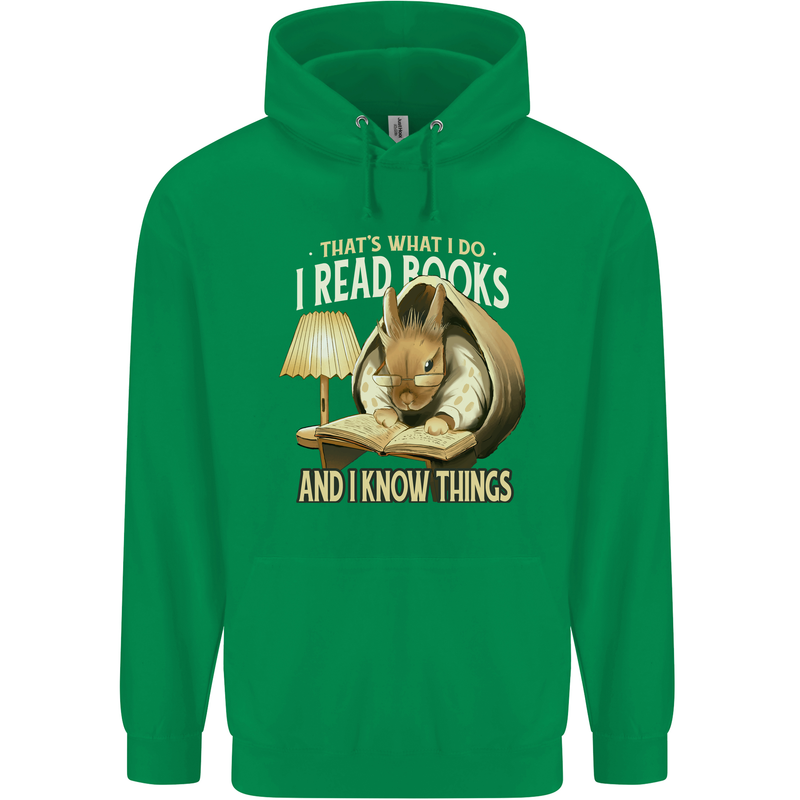 I Read Books & Know Things Bookworm Rabbit Childrens Kids Hoodie Irish Green