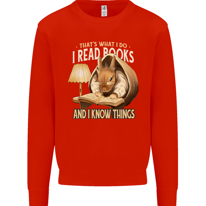 I Read Books & Know Things Bookworm Rabbit Kids Sweatshirt Jumper Bright Red