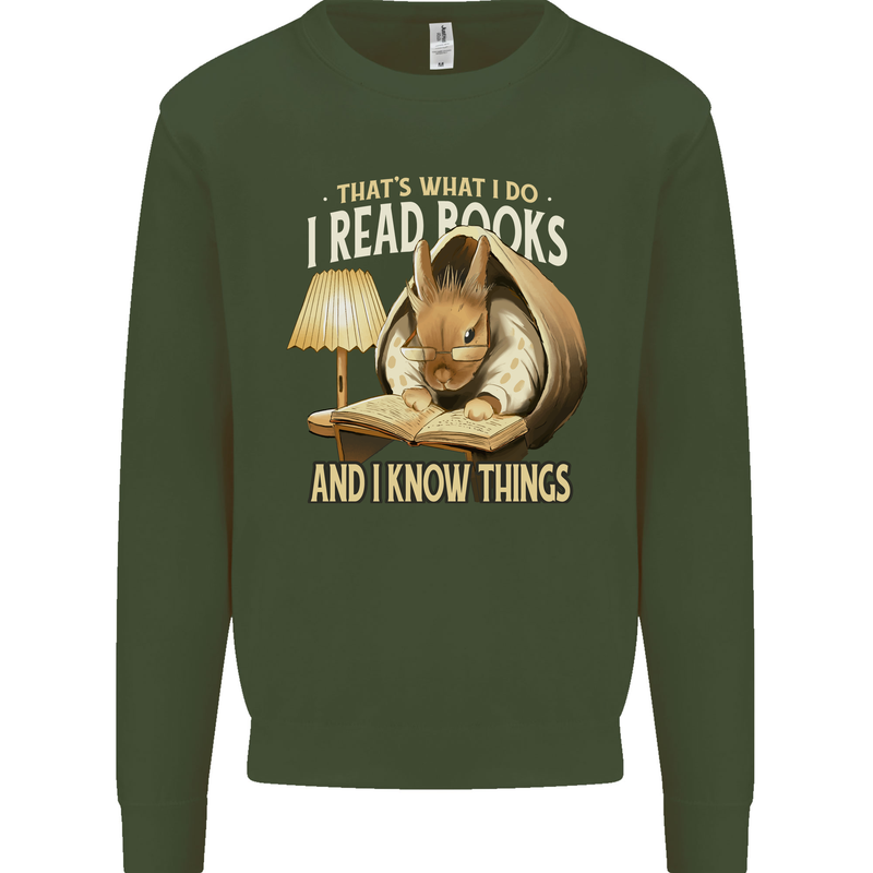 I Read Books & Know Things Bookworm Rabbit Kids Sweatshirt Jumper Forest Green