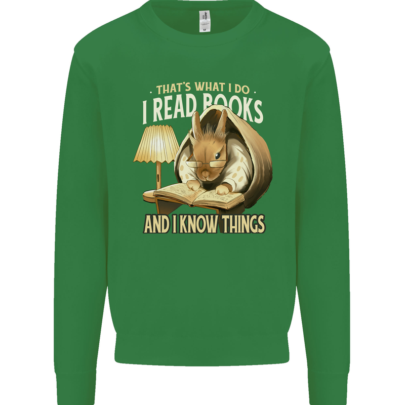 I Read Books & Know Things Bookworm Rabbit Kids Sweatshirt Jumper Irish Green