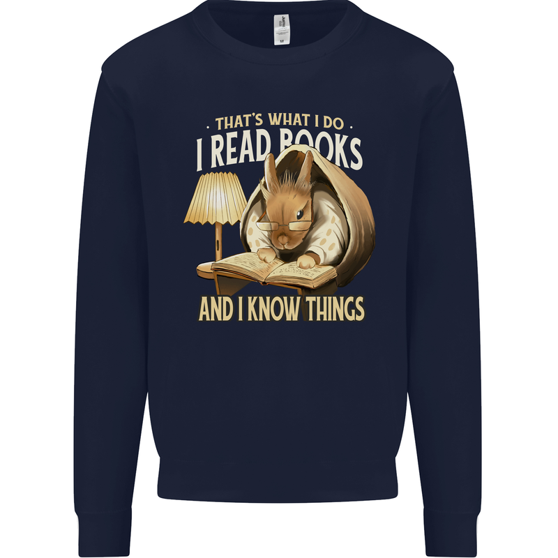 I Read Books & Know Things Bookworm Rabbit Kids Sweatshirt Jumper Navy Blue