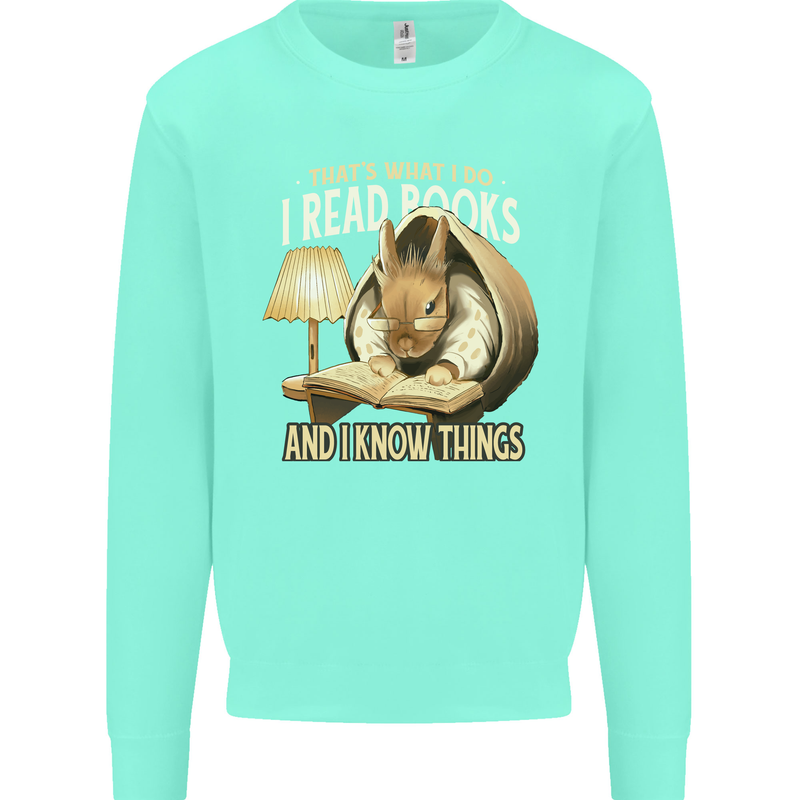 I Read Books & Know Things Bookworm Rabbit Kids Sweatshirt Jumper Peppermint