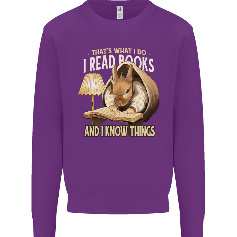 I Read Books & Know Things Bookworm Rabbit Kids Sweatshirt Jumper Purple