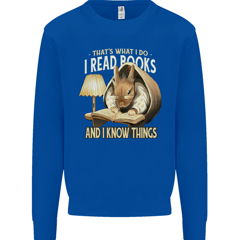 I Read Books & Know Things Bookworm Rabbit Kids Sweatshirt Jumper Royal Blue