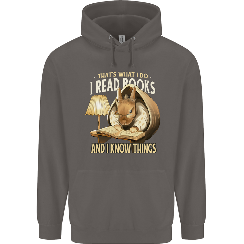 I Read Books & Know Things Bookworm Rabbit Mens 80% Cotton Hoodie Charcoal
